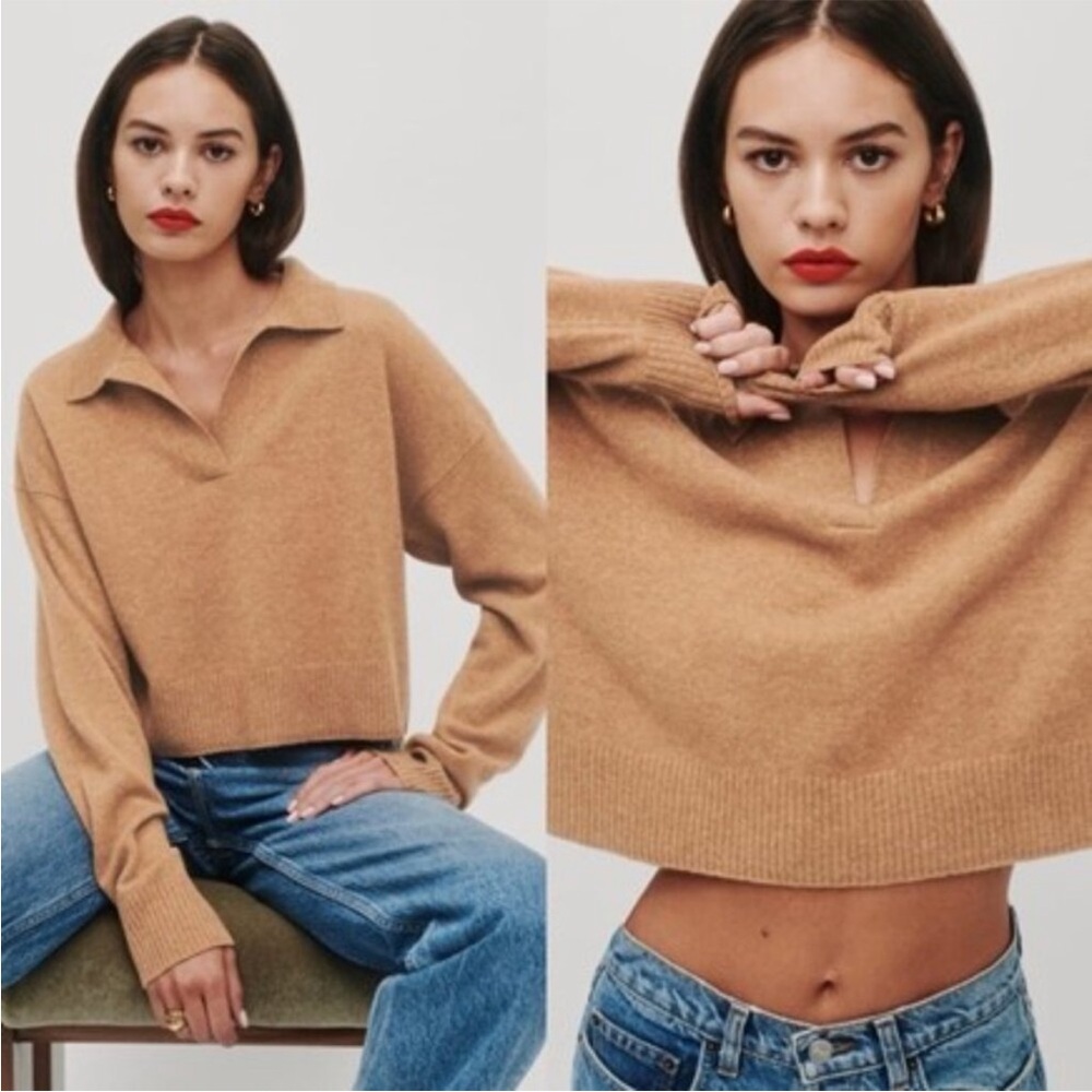 Reformation Camel Tan V-Neck Collared Sweater